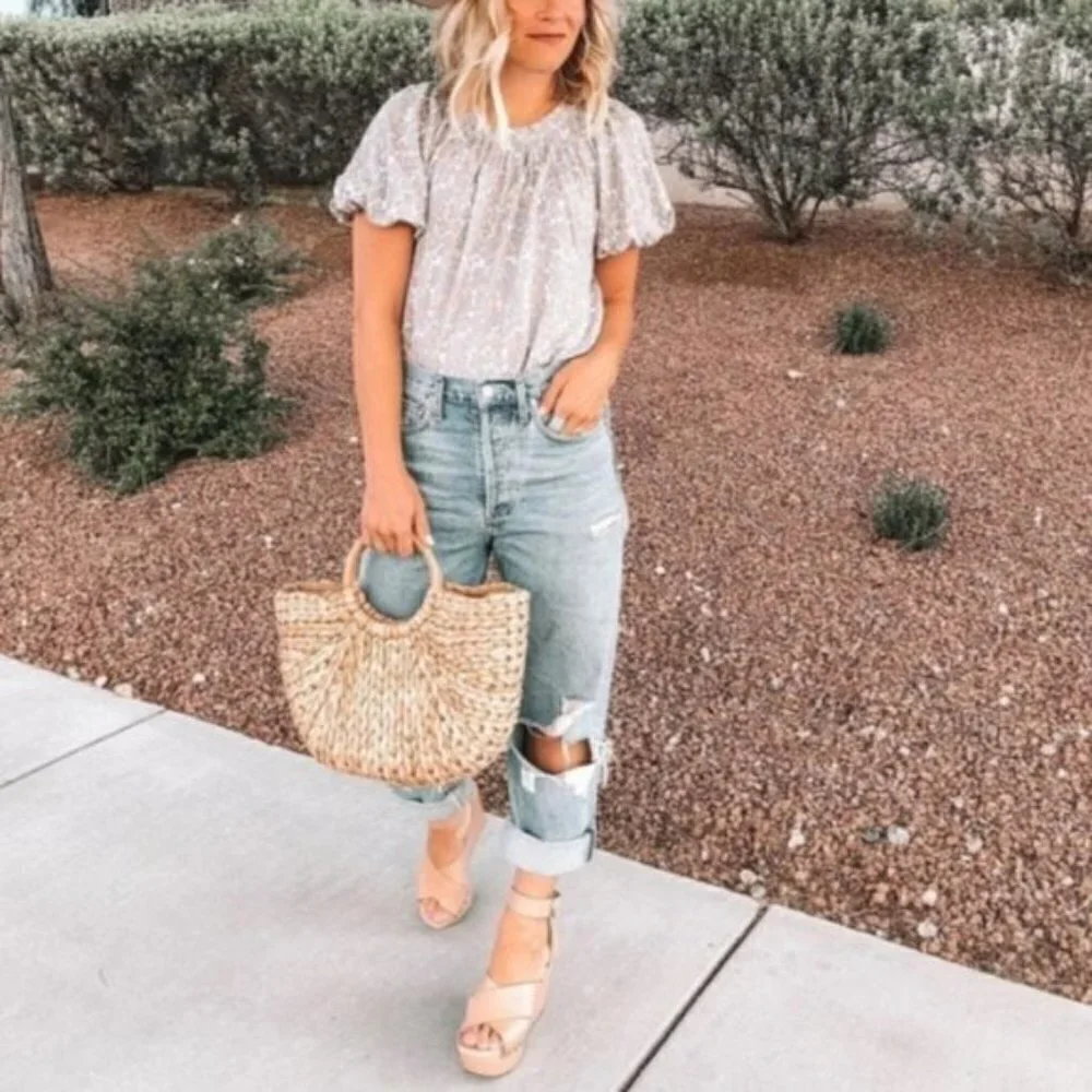 MAEVE Anthro Linen Cheetah Puff Sleeve Top